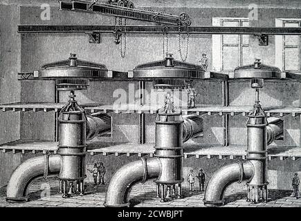 Incisione raffigurante generatori idroelettrici per la produzione della potenza per l'estrazione dell'alluminio mediante il processo di Heroult. Foto Stock