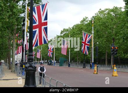 Fotografia di sicurezza sul Mall, che è intensificato per il presidente degli Stati Uniti Donald Trump, durante la sua visita a Londra. Giugno 2019 Foto Stock