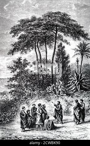 Incisione Pitagora, antico filosofo e matematico greco, che insegna i suoi seguaci alla comunità che fondò a Crotona. Foto Stock