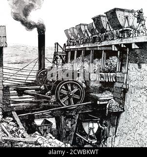 Incisione raffigurante la frantumazione di caliche presso la primitiva nitrati Works, Cile. Foto Stock