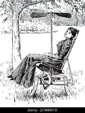 Incisione raffigurante una giovane donna seduta in una sedia da giardino dondolante con un ventilatore attaccato. Foto Stock