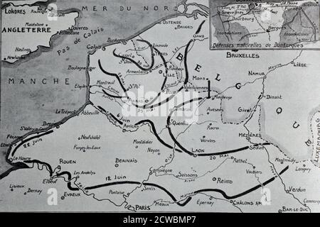 Riproduzione in bianco e nero di una mappa che mostra l'esercito alleato che è stato tagliato in due sezioni dall'esercito tedesco come l'circondario tedesco Dunkerque. Foto Stock