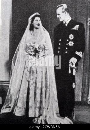 Fotografia in bianco e nero del matrimonio della Principessa Britannica Elizabeth (1926- ; Regina dal 1952) e di Filippo di Mountbatten (1921- ) il 20 novembre 1947 all'Abbazia di Westminster a Londra. Foto Stock