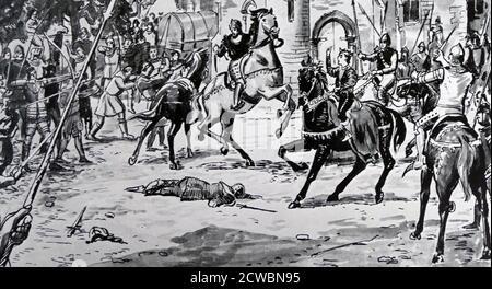 Illustrazione che raffigura la rivolta dei contadini del 1381. Walter 'Wat' Tyler (Wat 'Wat' Tyler, 15 giugno 1381) è stato un . 1381 Ha marciato un gruppo di ribelli da Canterbury alla capitale per opporsi all'istituzione di una tassa di sondaggio e chiedere riforme economiche e sociali. Mentre la breve ribellione ebbe un primo successo, Tyler fu ucciso da ufficiali fedeli a Re Richard II durante le trattative a Smithfield, Londra. Foto Stock