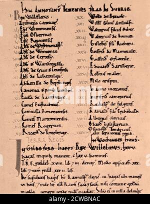 Pagina dal Dommartedi Book, un manoscritto del 'Grande sondaggio' di gran parte dell'Inghilterra e di alcune parti del Galles completato nel 1086 per ordine del re Guglielmo il Conquistatore. Scritto in latino medievale, è stato altamente abbreviato e ha incluso alcuni termini nativi vernacolari senza equivalenti latini. Lo scopo principale del sondaggio era quello di determinare quali tasse erano state dovute durante il regno del re Edoardo il Confessore, permettendo così a Guglielmo di riaffermare i diritti della Corona e di valutare dove il potere giaceva dopo una ridistribuzione all'ingrosso del terreno dopo la conquista normanna. Foto Stock