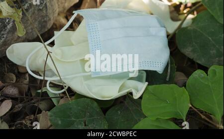 Una maschera medica di protezione e guanti chirurgici sono stati utilizzati persi sul terreno erboso. Maschera monouso in natura. Scartare in modo errato la fa utilizzata Foto Stock