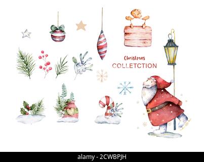 Pattinaggio su Babbo Natale con set natalizio. Acqua disegnata a mano inverno natale insieme islated illustrazione. Buona carta anno nuovo Foto Stock