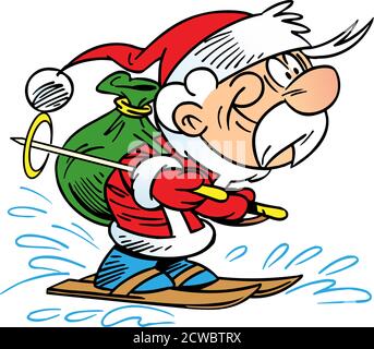 L'illustrazione vettoriale mostra Babbo Natale sugli sci, che si precipita con un sacco di regali di Capodanno Illustrazione Vettoriale