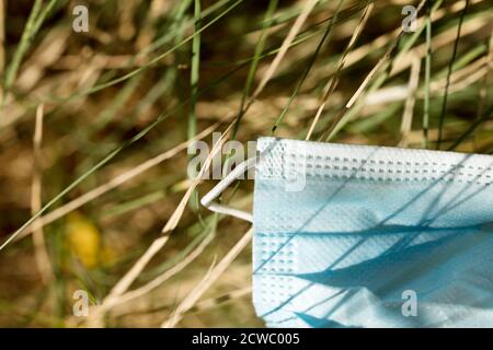 È stata utilizzata una maschera di protezione medica persa in natura. Maschera monouso giacente su foglie di albero. Eliminazione non corretta della maschera facciale utilizzata Foto Stock