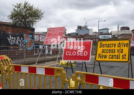 Chiusura stradale a Fazeley Street a Digbeth, Birmingham per lavori di abilitazione HS2 Foto Stock