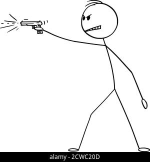 Figura del cartoon vettoriale disegno illustrazione concettuale di un pericoloso uomo arrabbiato che spara un'arma, una pistola o una pistola. Illustrazione Vettoriale