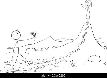 Vettore cartoon figura disegno disegno disegno concettuale di uomo in amore camminare con fiore per incontrare la sua donna o ragazza in attesa sulla montagna o collina. San Valentino, data e romanticismo. Illustrazione Vettoriale