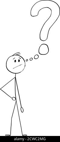 Vettore cartoon figura disegno illustrazione concettuale di uomo frustrato arrabbiato o uomo d'affari con bolla di pensiero o palloncino in forma di punto interrogativo o simbolo. Illustrazione Vettoriale