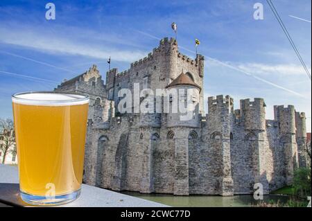 Bicchiere di birra leggera contro il Castello dei conti a Gand, Belgio Foto Stock