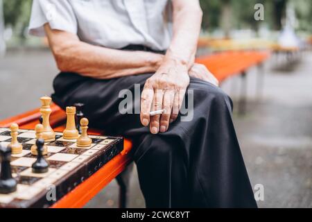 Due uomini adulti che giocano a scacchi sulla panchina all'aperto nel parco Foto Stock