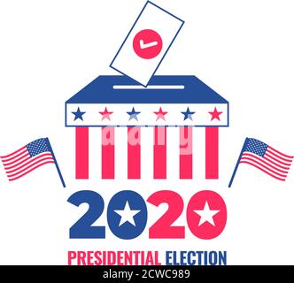 Modello di bandiera DELLE elezioni presidenziali AMERICANE del 2020 con urna, stelle e bandiere Illustrazione Vettoriale