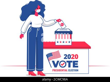 Donna con maschera di voto in una casella di voto per 2020 elezioni presidenziali USA con design piatto Illustrazione Vettoriale