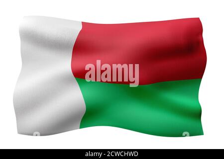 Rappresentazione in 3d di una bandiera nazionale malgascia isolata in bianco sfondo Foto Stock