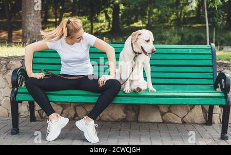 Caucasica signora e il suo labrador in posa in parco su un panca con una pausa dal cammino Foto Stock