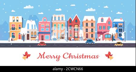Buon Natale, felice anno nuovo in inverno città illustrazione vettoriale. Cartoon piano urbano invernale nevoso paesaggio urbano con graziose case cittadine, auto su strada e alberi da neve. Sfondo del design del biglietto di auguri Illustrazione Vettoriale