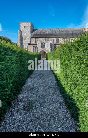 Yew Hedge Avenue che conduce alla chiesa di All Saints a Thornham sulla costa nord del Norfolk. Foto Stock