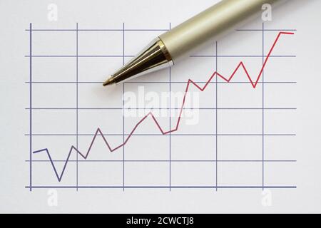 Grafico a due linee spezzate a colori e una penna su luminoso sfondo Foto Stock