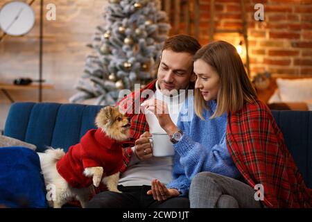 Buon Natale. Felice giovane coppia che gioca con Pomeranian Spitz cane seduta vicino bello albero di Natale a casa. Vacanze invernali, Natale Foto Stock