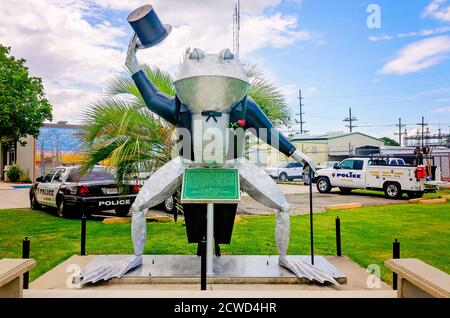 Monsieur Jacques, una gigantesca statua di rana, è raffigurata, 12 settembre 2020, a Rayne, Louisiana. La città si autolegge come la "capitale mondiale della rana". Foto Stock