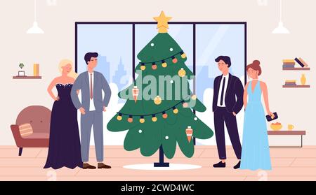 Illustrazione vettoriale della festa di Capodanno. Cartoon uomo piatto personaggi donna in abiti festosi in piedi insieme accanto all'albero di Natale, gruppo di persone che festeggiano in ufficio o a casa sfondo Illustrazione Vettoriale