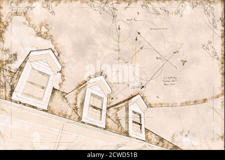 Artist rendering schizzo di tetto residenziale e dormitori. Foto Stock