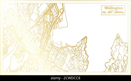 Mappa della città di Wellington in Nuova Zelanda in stile retro in colore dorato. Mappa di contorno. Illustrazione vettoriale. Illustrazione Vettoriale