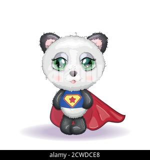 Carino panda con grandi occhi in un mantello da un super eroe, biglietto d'auguri illustrazione, cute animale Illustrazione Vettoriale