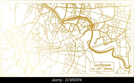 Mappa della città di Lucknow India in stile retro in colore dorato. Mappa di contorno. Illustrazione vettoriale. Illustrazione Vettoriale