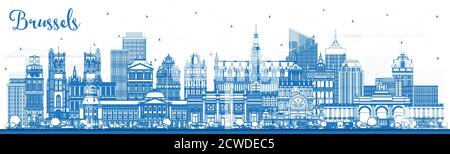 Profilo Bruxelles Belgio skyline della città con edifici blu. Illustrazione vettoriale. Paesaggio urbano di Bruxelles con monumenti storici. Illustrazione Vettoriale