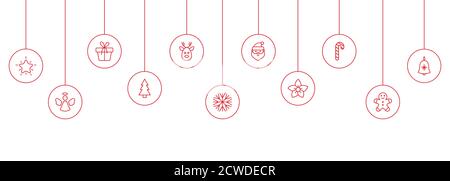 Baubles di festa con fiocco di neve, santa, albero di natale, renne, canna da zucchero, angelo, scatola regalo. Palline rosse di Natale appese su sfondo bianco. Nuovo Illustrazione Vettoriale