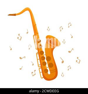 Sassofono strumento musicale e note musicali. Icone concettuali per club e conservatori. Illustrazione Vettoriale