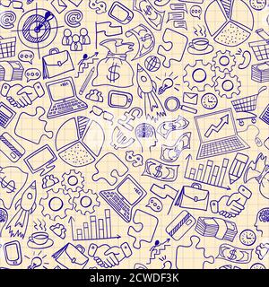 Doodles disegnati a mano di affari modello senza giunture. Icone disegnate a mano su carta da copybook. Illustrazione vettoriale. Illustrazione Vettoriale