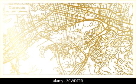 Mappa della città di Caracas Venezuela in stile retro in colore dorato. Mappa di contorno. Illustrazione vettoriale. Illustrazione Vettoriale