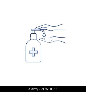 Bottiglia igienizzante per le mani icona linea sottile Palms Washing Illustrazione Vettoriale
