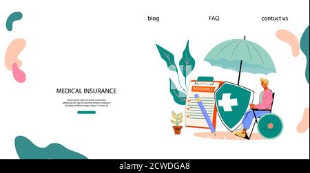 Banner Web per assicurazione medica per disabili, immagine vettoriale piatta. Illustrazione Vettoriale