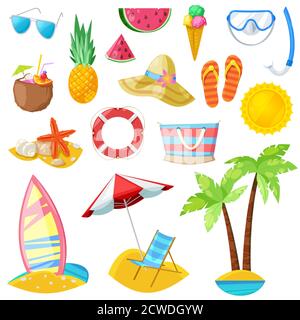 Icone vettoriali estive ed elementi di design isolati su sfondo bianco. Illustrazione di viaggi, turismo e vacanze. Illustrazione Vettoriale