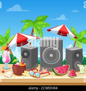 Concetto di festa estiva in spiaggia. Elementi di progettazione di banner vettoriali, poster e volantini. Altoparlanti per musica, cocktail al banco bar sulla spiaggia. Illustrazione Vettoriale