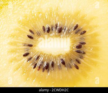 Primo piano di un kiwi dorato tagliato Foto Stock