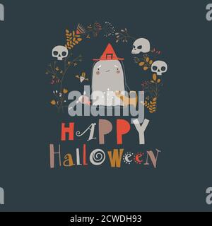 Cartoon simpatico piccolo halloween fantasma in corona con teschi Illustrazione Vettoriale