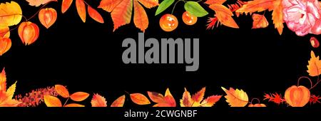 Sfondo autunno acquerello, banner panoramico con spazio di copia, disegni botanici acquerello di foglie e rami, su sfondo nero Foto Stock