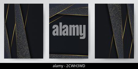 Sfondo astratto di lusso in carbonio con strati di sovrapposizione neri. Texture carbonio con luccichini dorati di lusso. Trmplate per copertina di brochure, volantino, catalod. Insieme di sfondi Illustrazione Vettoriale