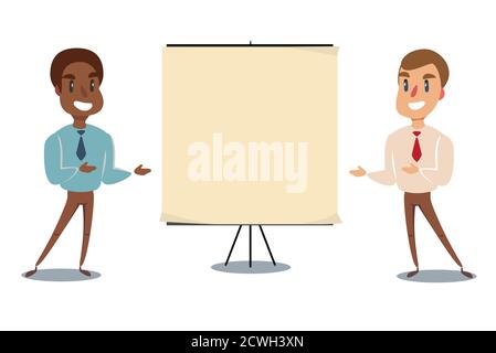 Felice uomo d'affari sorridente che mostra un cartello vuoto, isolato su sfondo bianco. Illustrazione Vettoriale