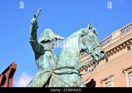 Statua di Karl XIV Johan (Stoccolma). Questa statua equestre mostra Karl XVI quando arrivò a Stoccolma nel 1810. Foto Stock