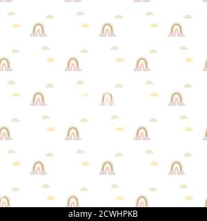 Illustrazione perfetta di un simpatico arcobaleno con nuvole. Disegni decorativi a mano su sfondo bianco. Design scandinavo. Collezione bambini per Illustrazione Vettoriale