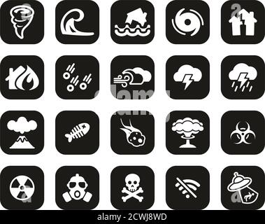 Armageddon o Disaster Icons Bianco su Black Flat Design Set Grande Illustrazione Vettoriale